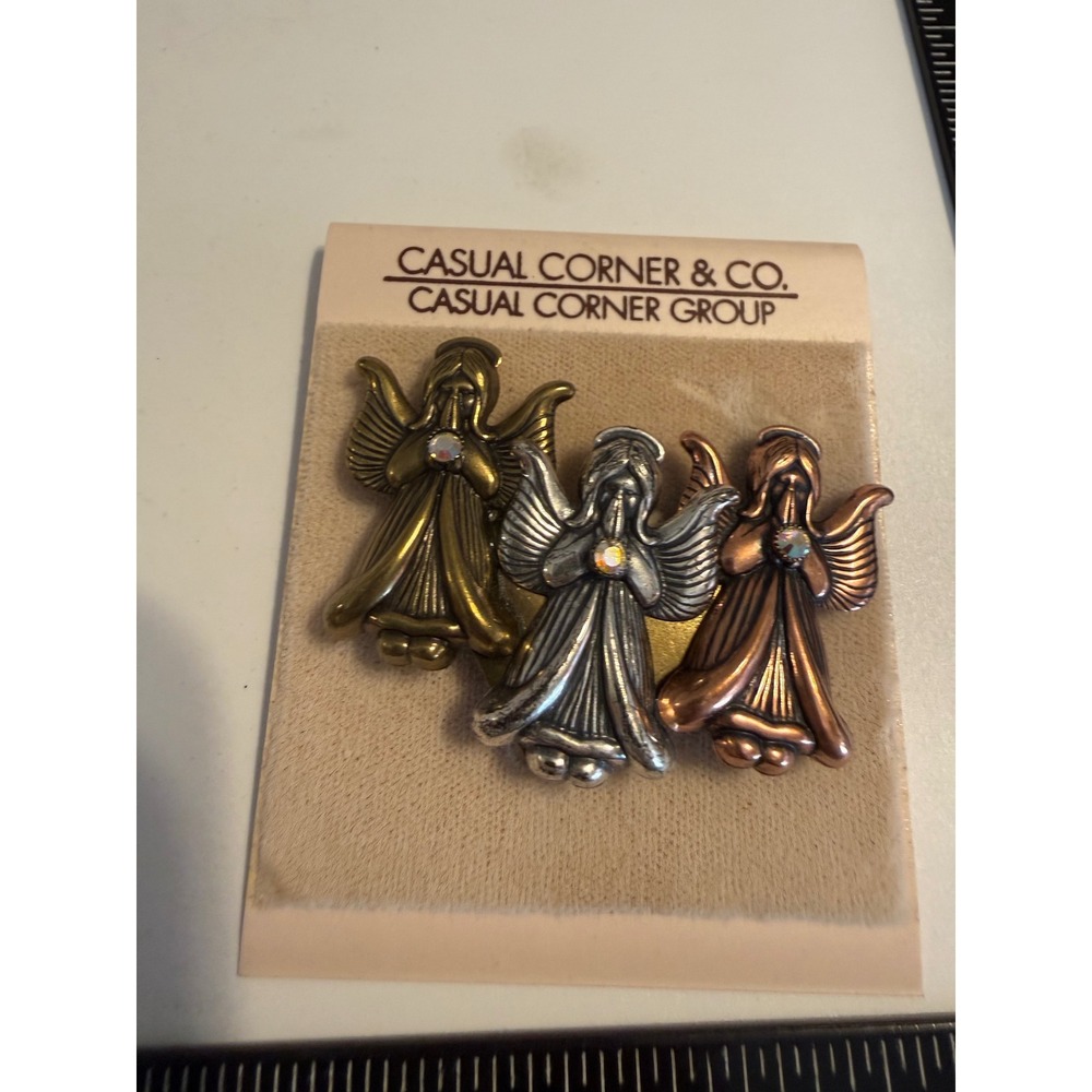 Casual Corner Vintage Mixed Metal Three Angels Brooch Pin Rhinestone Gold Silver